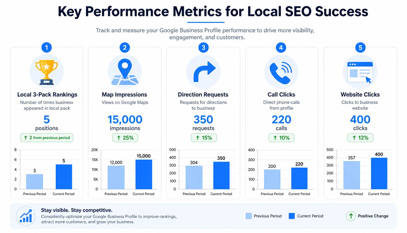An infographic displaying five key performance metrics for Google Business Profile success with growth percentage data.