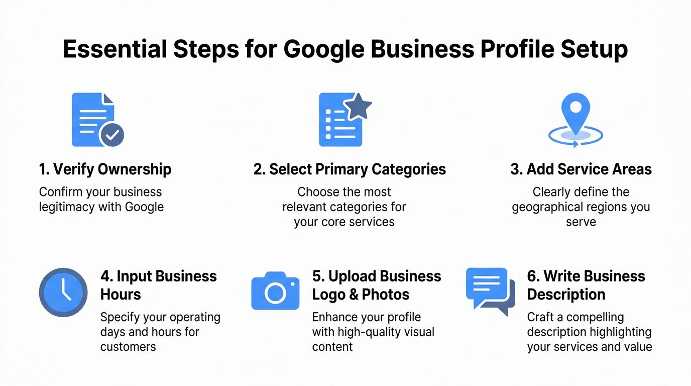 A simple infographic outlining the six essential steps for setting up a Google Business Profile account.