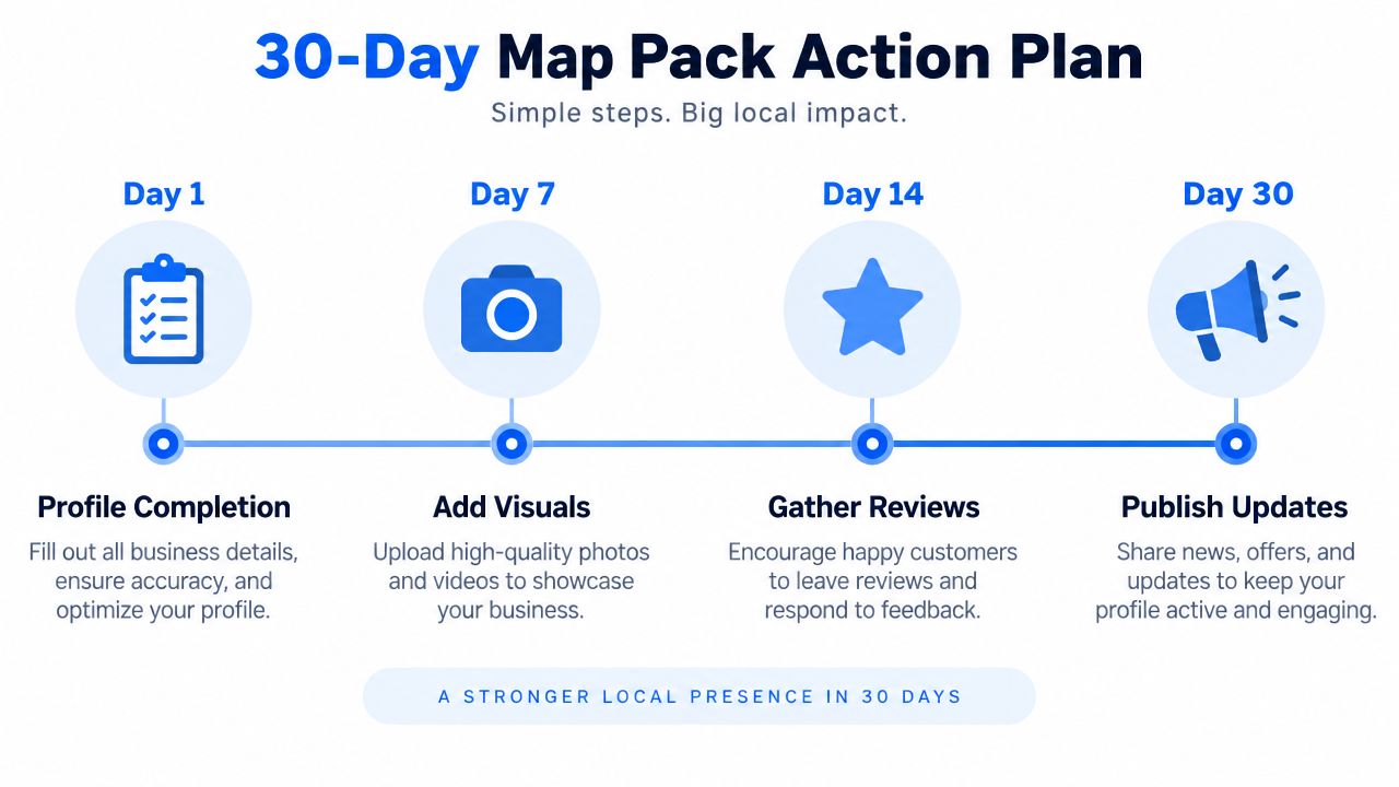 A graphic showing a 30-day Map Pack action plan for Google Business Profile optimization with four steps.