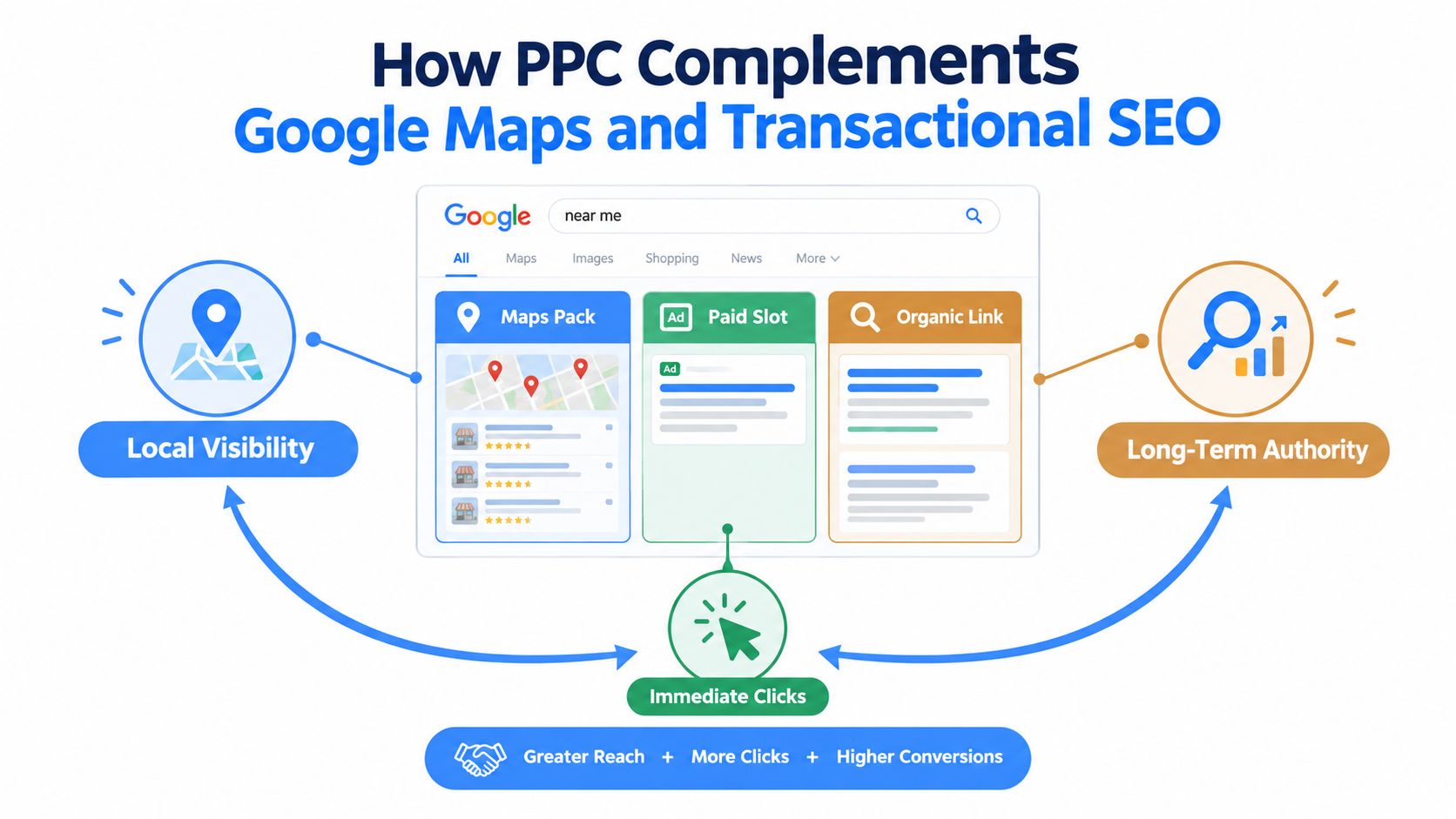 A diagram illustrating how PPC, Google Maps, and SEO work together to improve digital marketing reach.