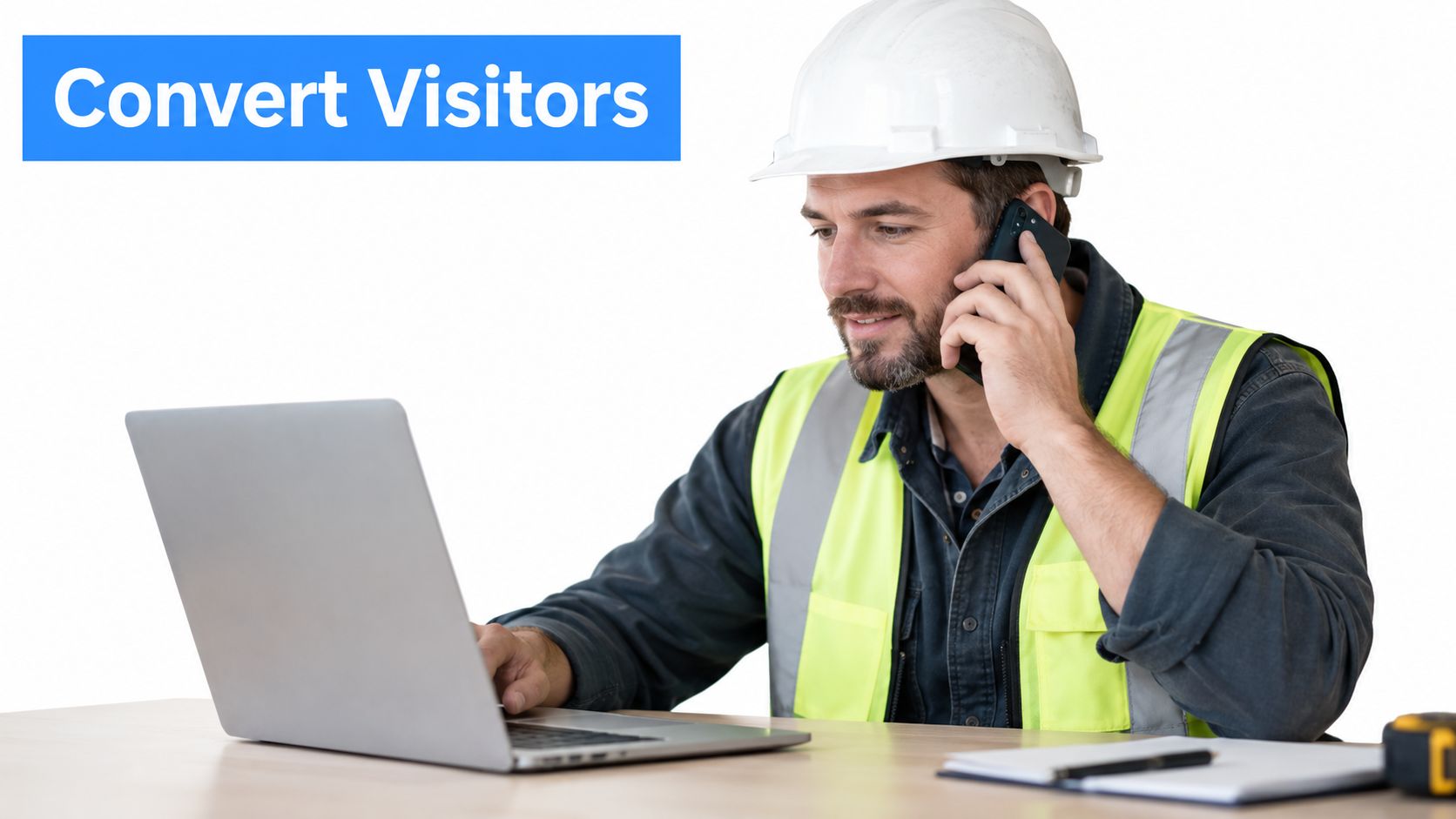 A construction manager in a hard hat and safety vest using a laptop and phone at work.