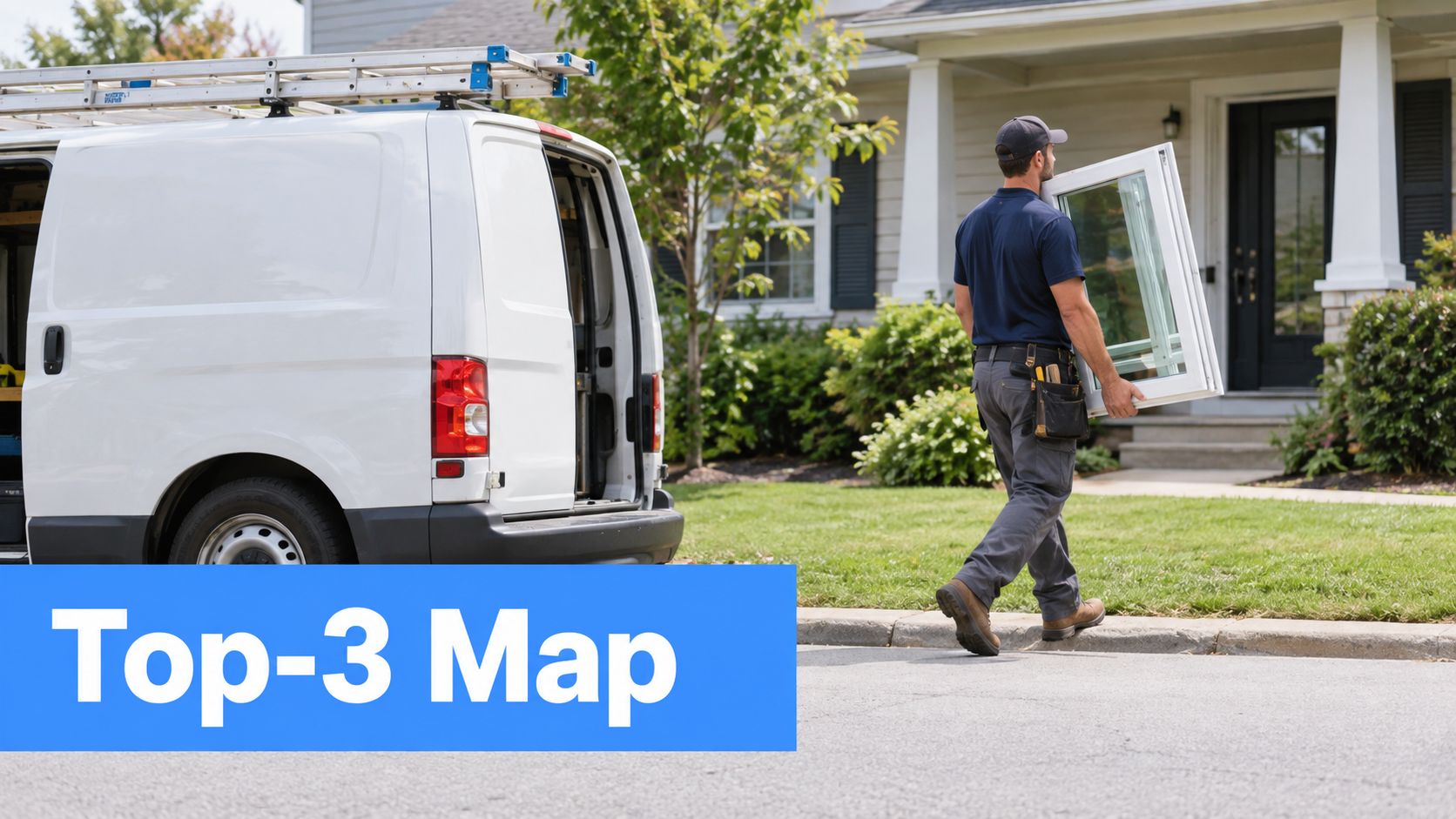 A professional contractor carrying a new window frame from a service van toward a residential house.