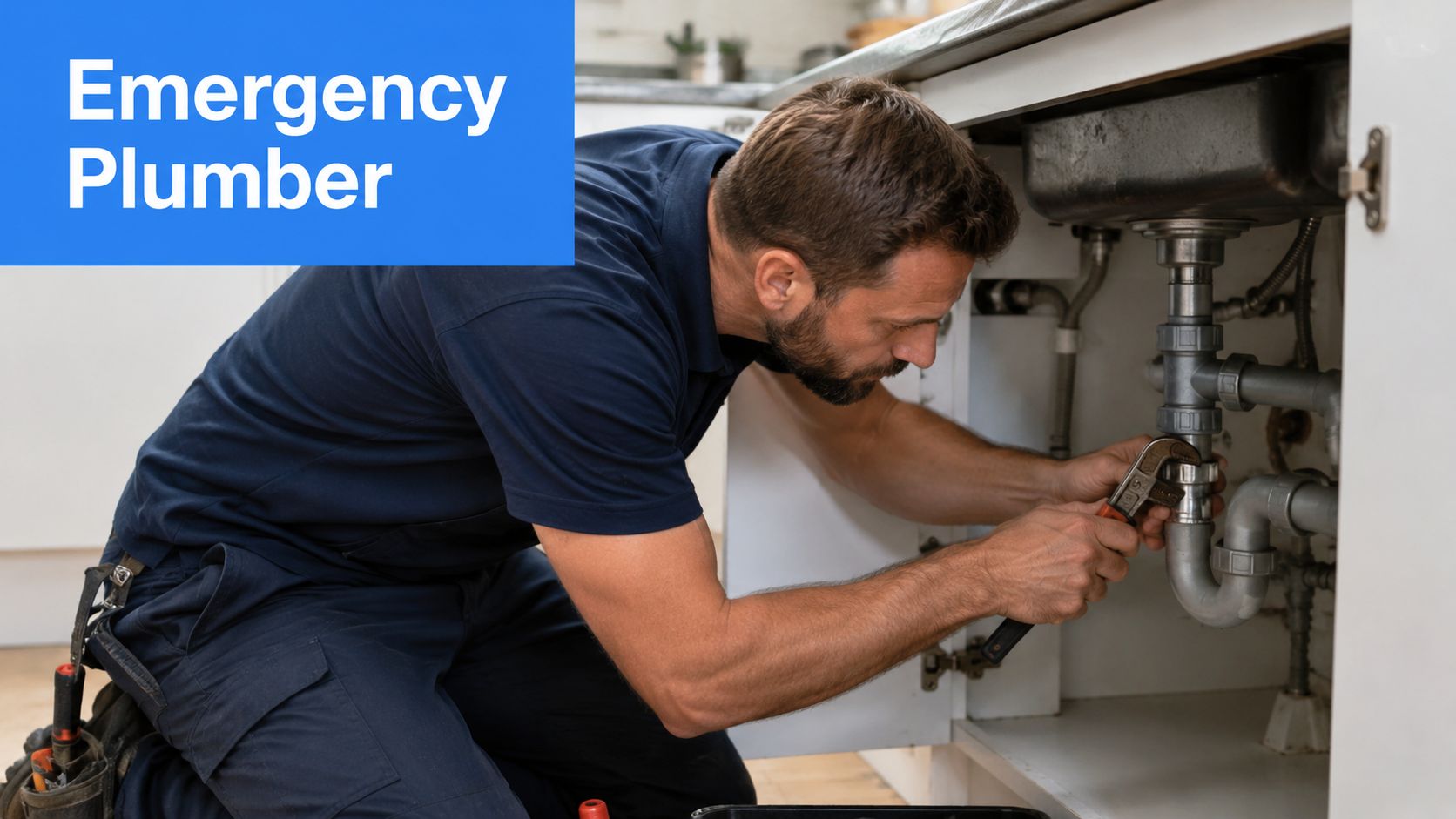 A professional emergency plumber wearing a uniform fixing a sink pipe underneath a kitchen cabinet.