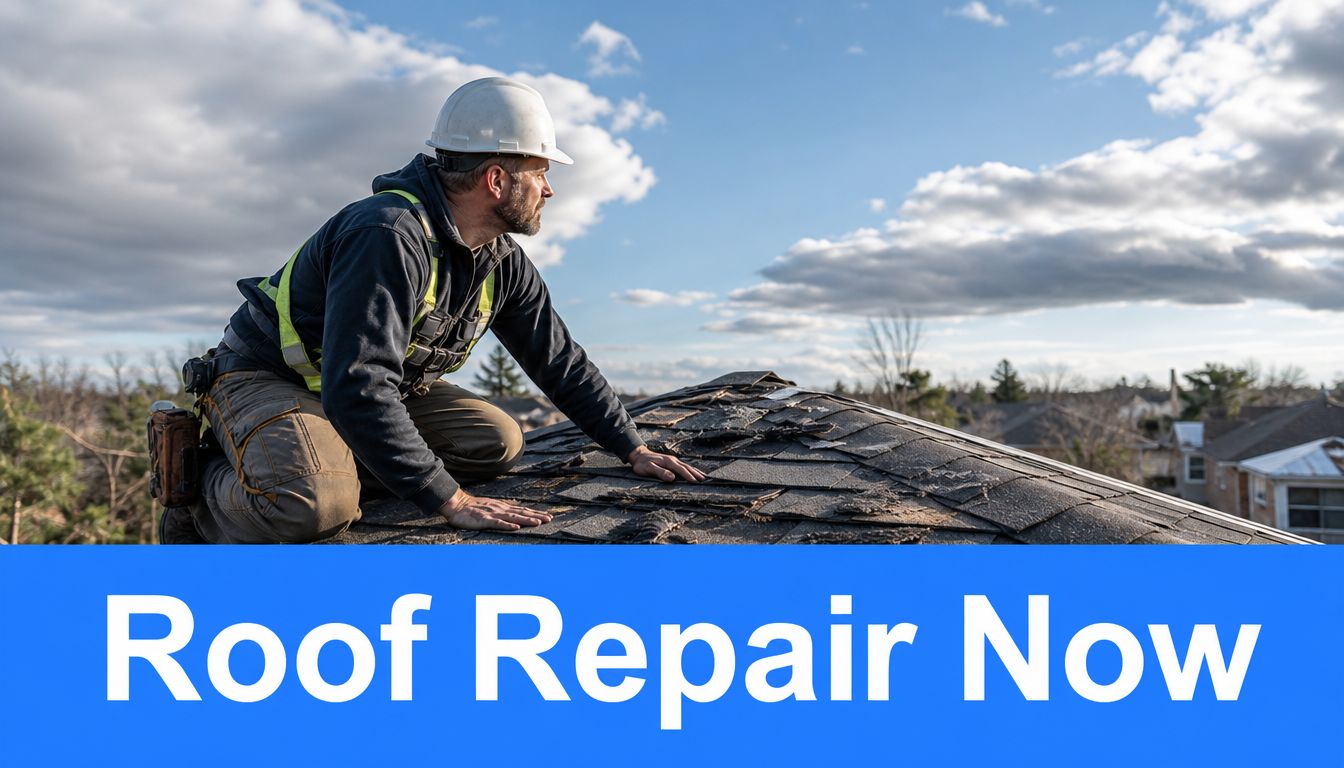 A professional roofer wearing safety gear examines damaged shingles on a residential house roof for repairs.