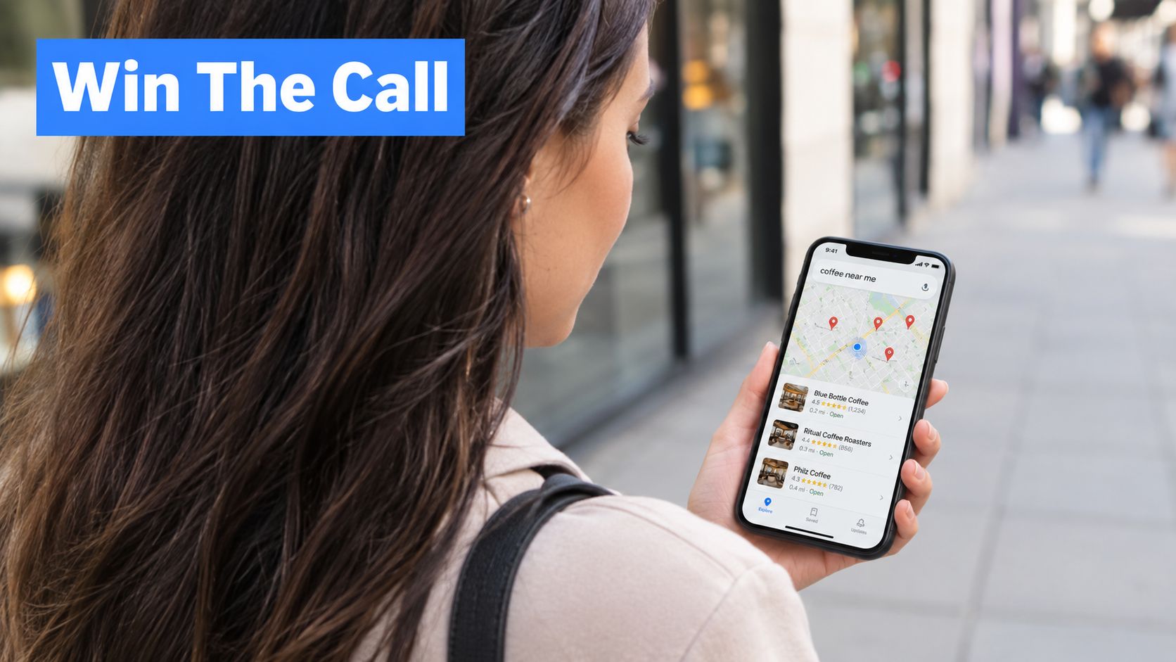 A woman holding a smartphone displaying local coffee shops on a map to improve local business search rankings.