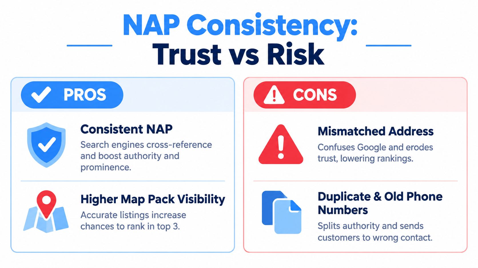 A comparison chart showing the trust-building pros and the ranking risks of maintaining consistent local business NAP data.
