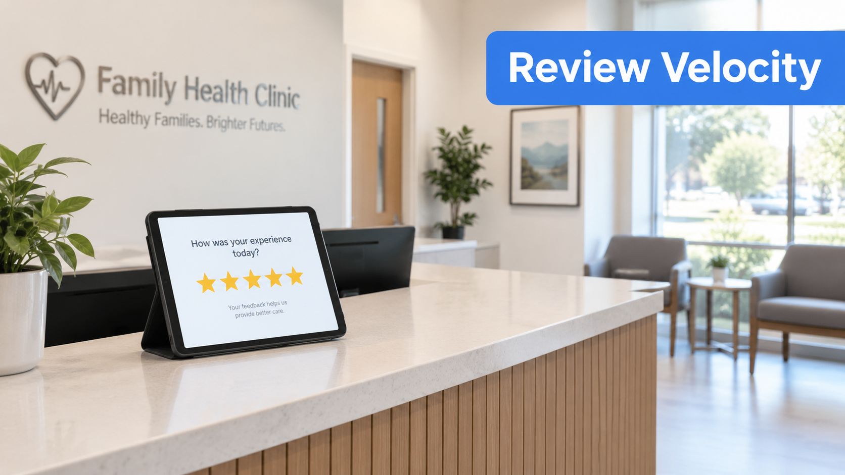 A digital tablet on a medical clinic reception desk displaying a five-star patient satisfaction survey screen.