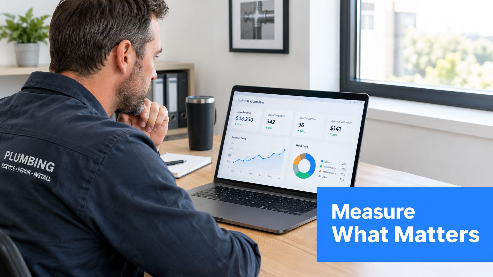 A professional plumber sits at a desk reviewing business performance analytics and statistics on a laptop screen.