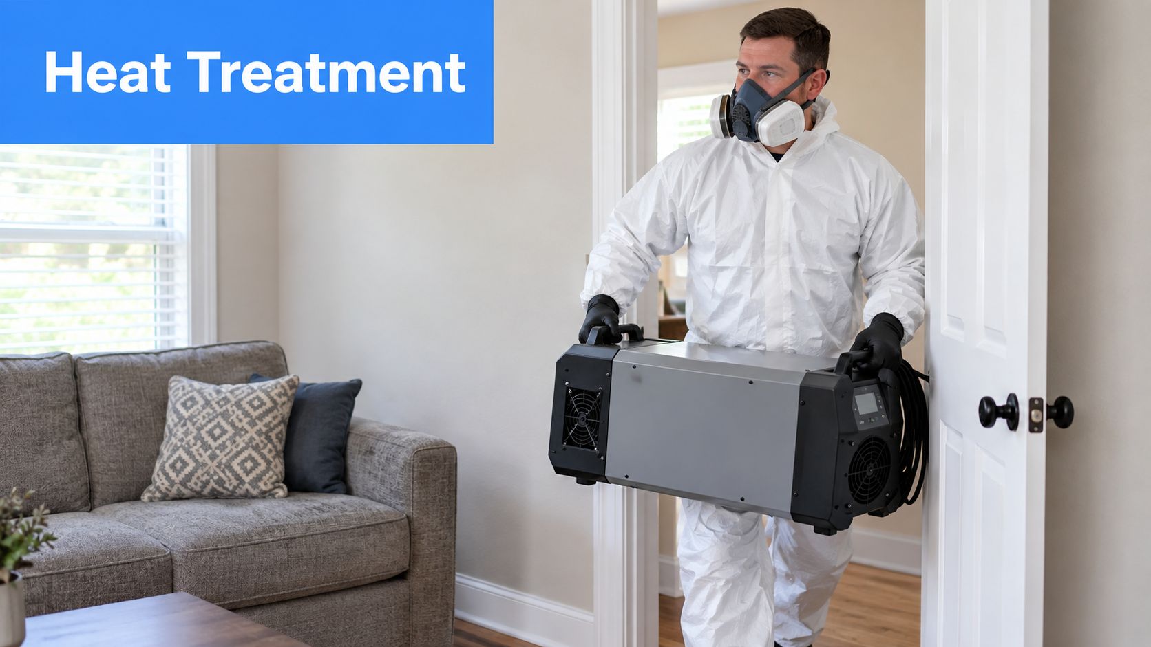 A professional in protective gear carrying a portable heat treatment machine for effective pest control services.