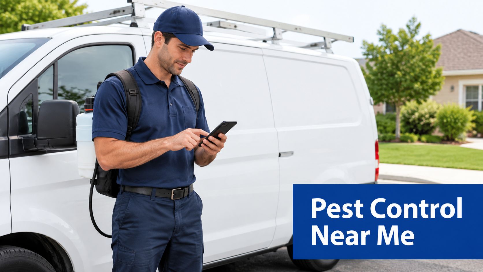 A professional pest control technician wearing a navy uniform and a backpack sprayer checks his mobile phone.