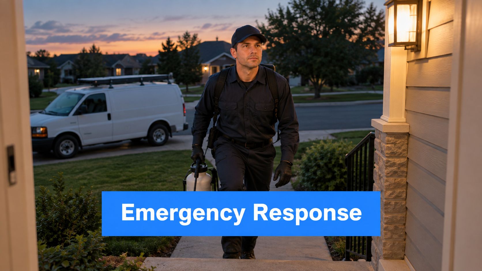 A professional pest control technician wearing a uniform and carrying equipment approaches a house for an emergency inspection.