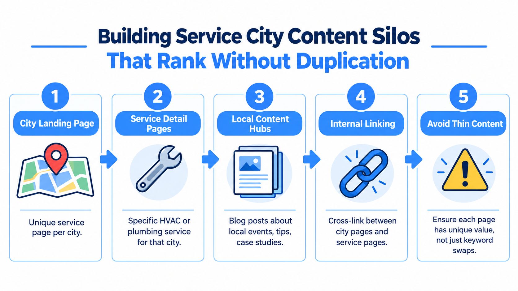 An infographic detailing five steps for creating unique city-specific content silos to improve local SEO rankings.