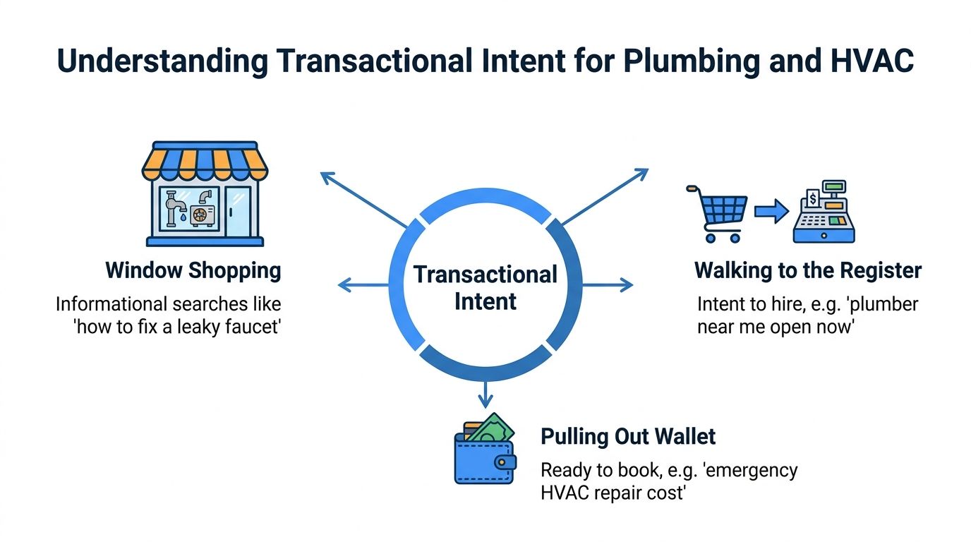 A diagram illustrating three stages of consumer transactional intent for plumbing and HVAC services.