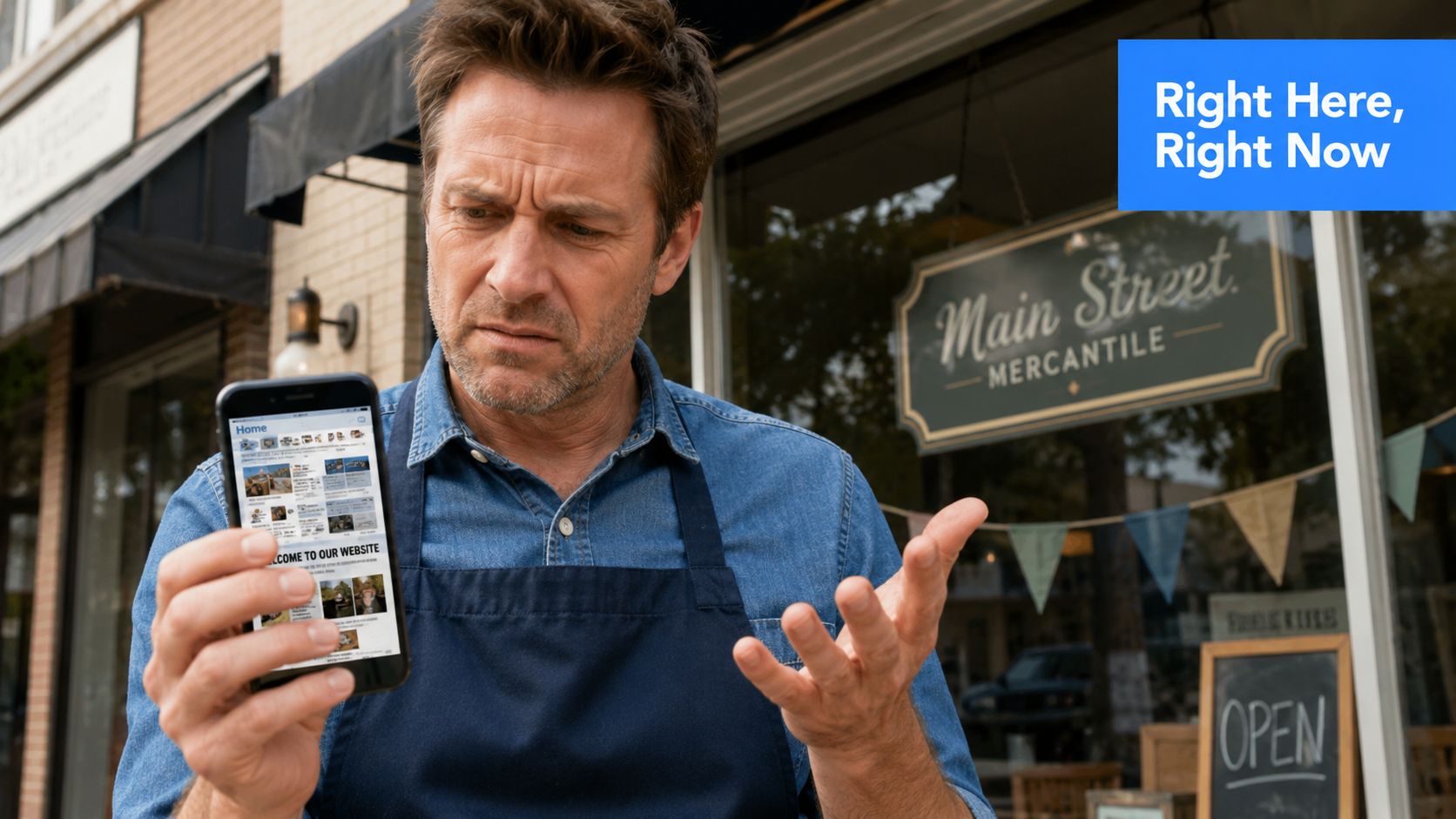 A store owner looking confused at his outdated website on a smartphone in front of his shop.