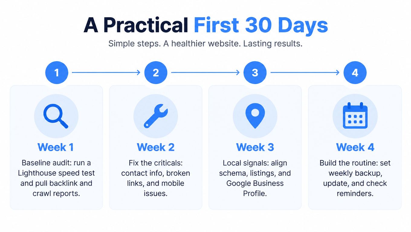 A four-step guide for small business website management covering audits, technical fixes, local signals, and maintenance routines.