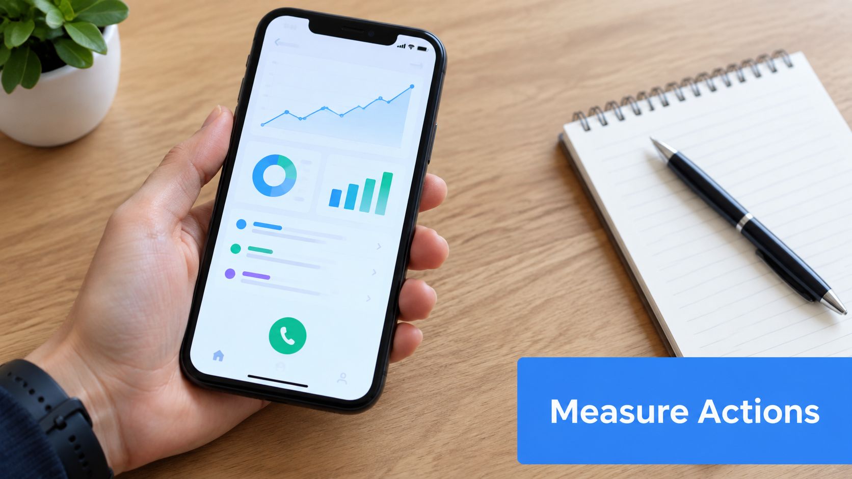 A hand holding a smartphone displaying analytics graphs with a notebook and pen on a wooden desk.