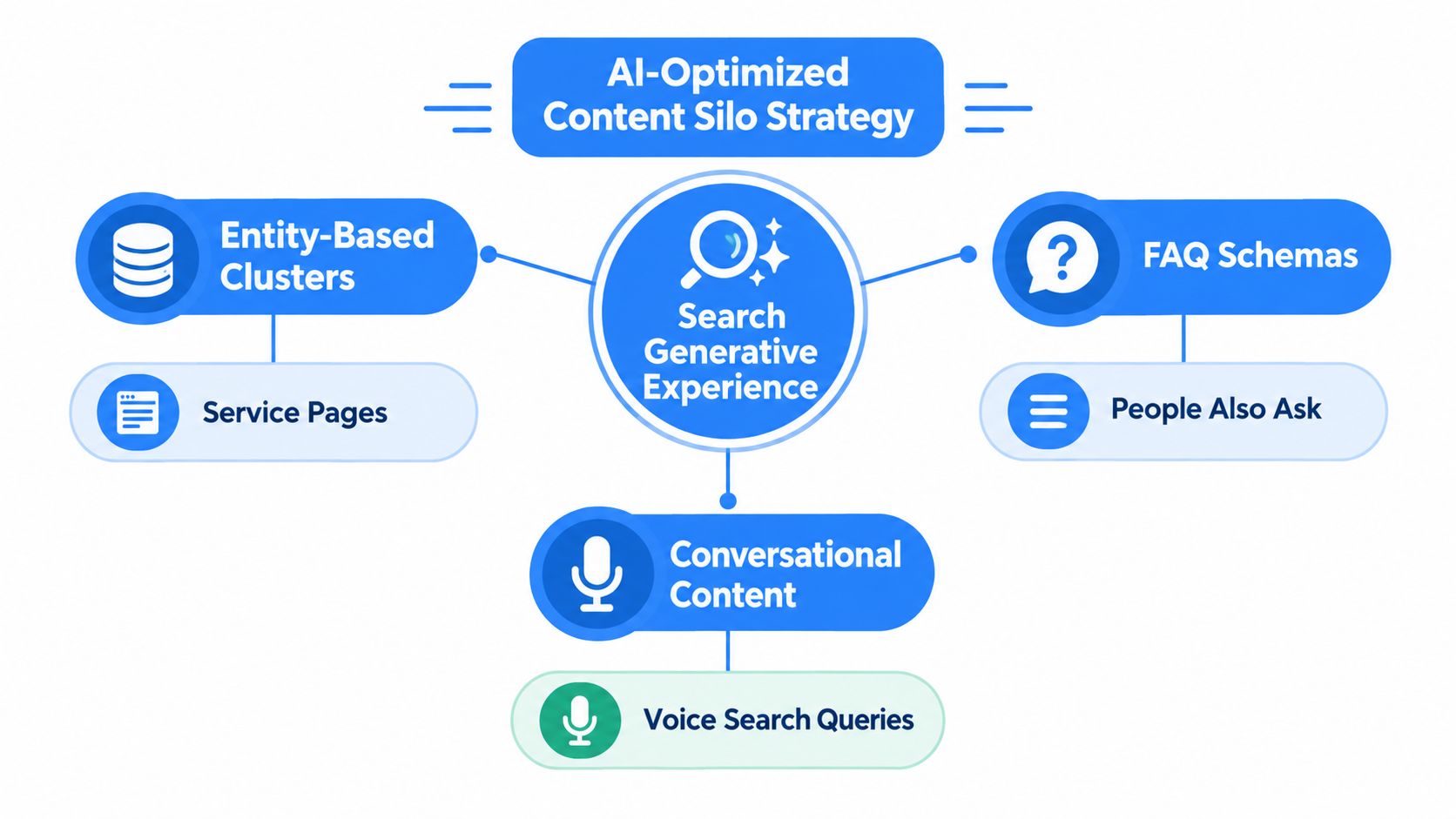 A diagram illustrating an AI-optimized content silo strategy for better search generative experience and visibility.