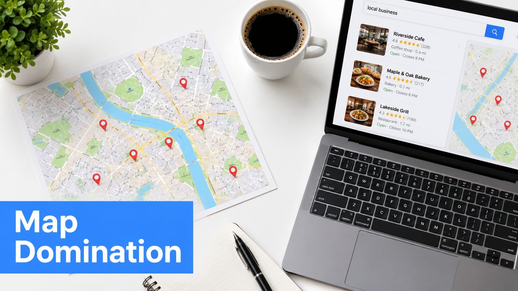 A top-down view of a workspace with a map, laptop showing search results, coffee, and a pen.